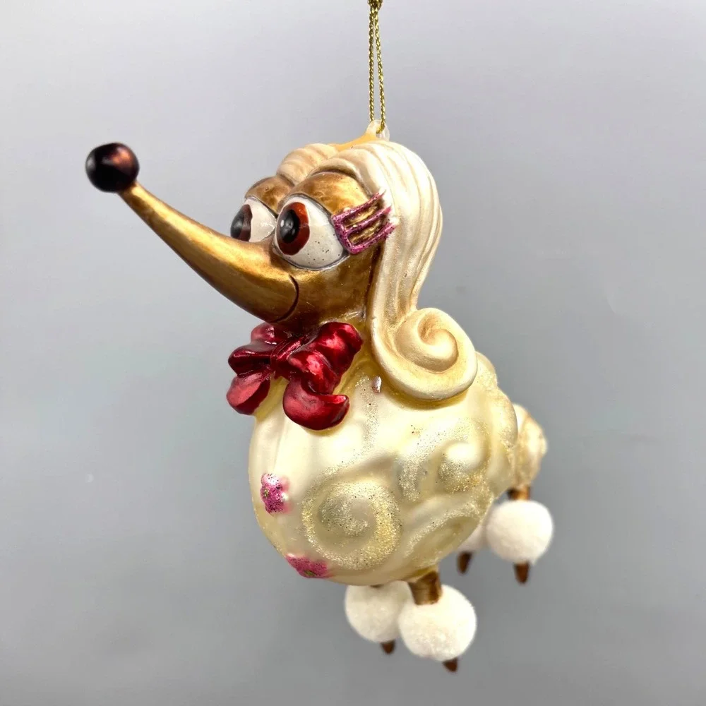 Whimsical Poodle Dog‎ Christmas Ornament Glitter Red Bow Fluffy Paws